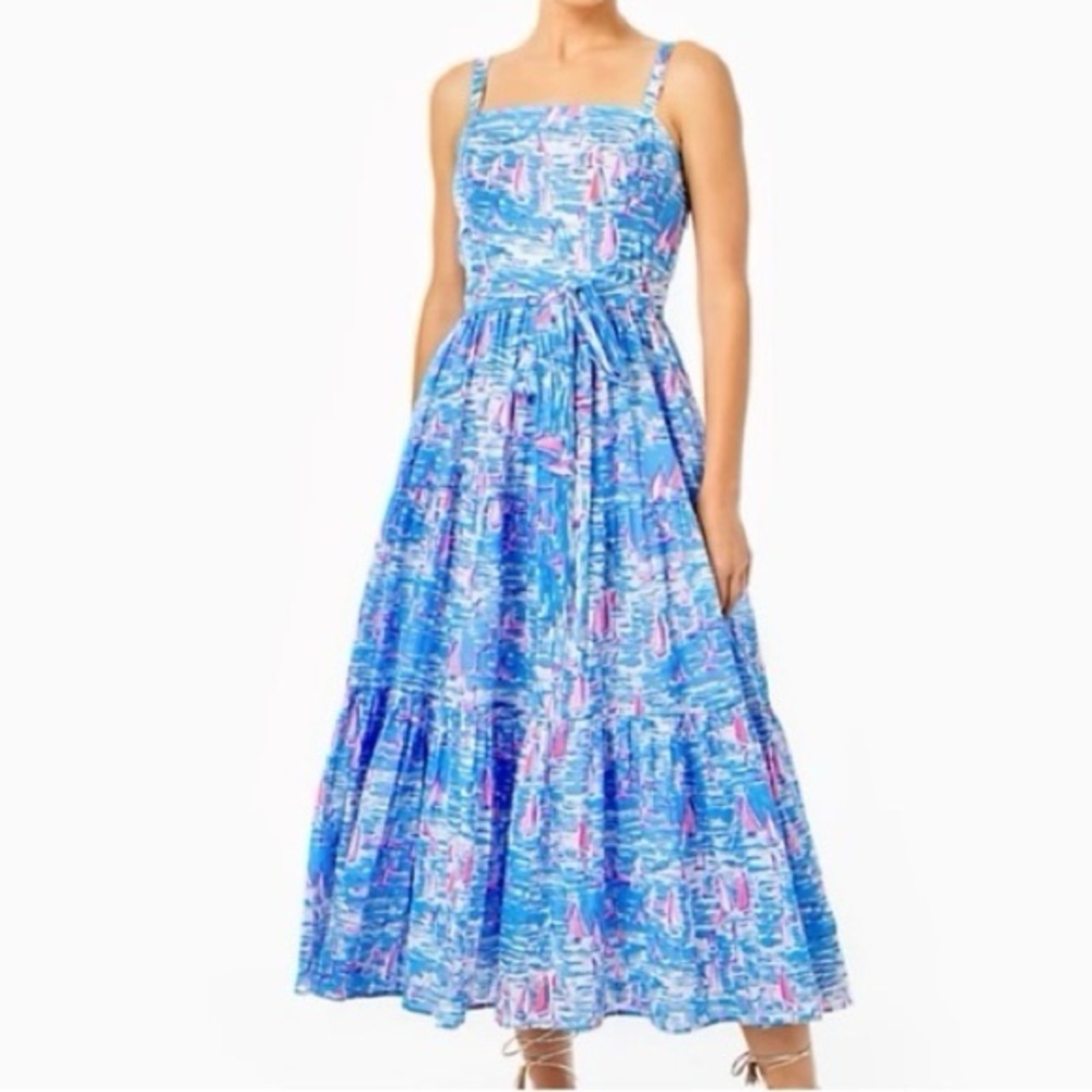 Lilly Pulitzer Blue Sailboat Print Maxi Dress with Pink Accents